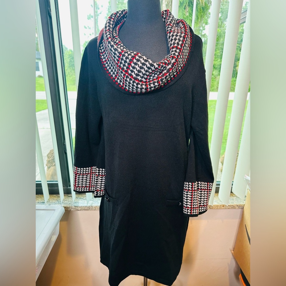 Jessica Howard Black Embellished Houndstooth 3/4 Sleeve Cowl Neck XL NEW